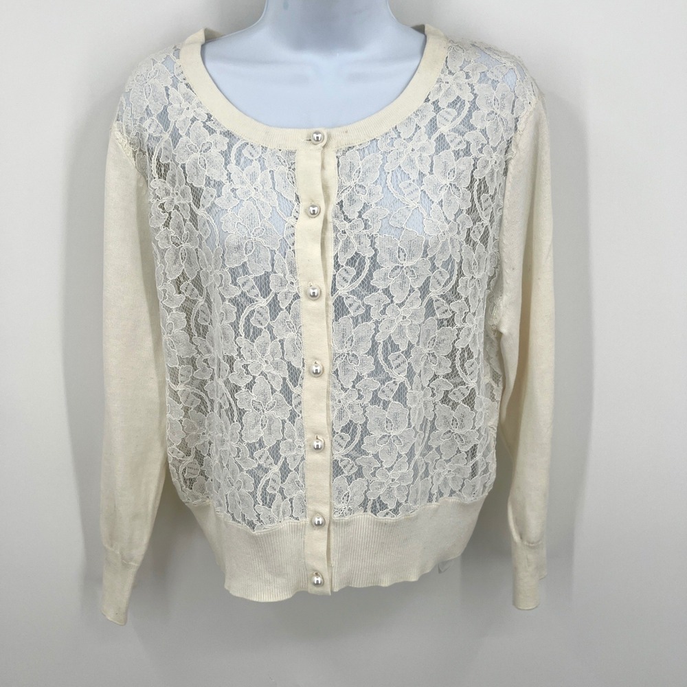 Karl Lagerfeld Paris White Knit Cardigan Pearl Buttons Lace Front Size L - Picture 1 of 7